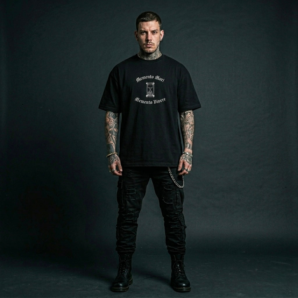 Memento Mori/Vivere - Premium Oversized Front + Back Print Drop Shoulder Cotton T-Shirt