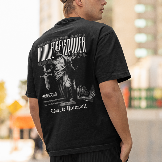 Knowledge Is Power - Premium Oversized Front + Back Print Drop Shoulder Cotton T-Shirt
