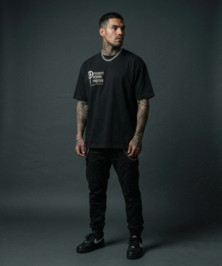 Pressure, Purpose, Progress - Premium Oversized Front + Back Print Drop Shoulder Cotton T-Shirt