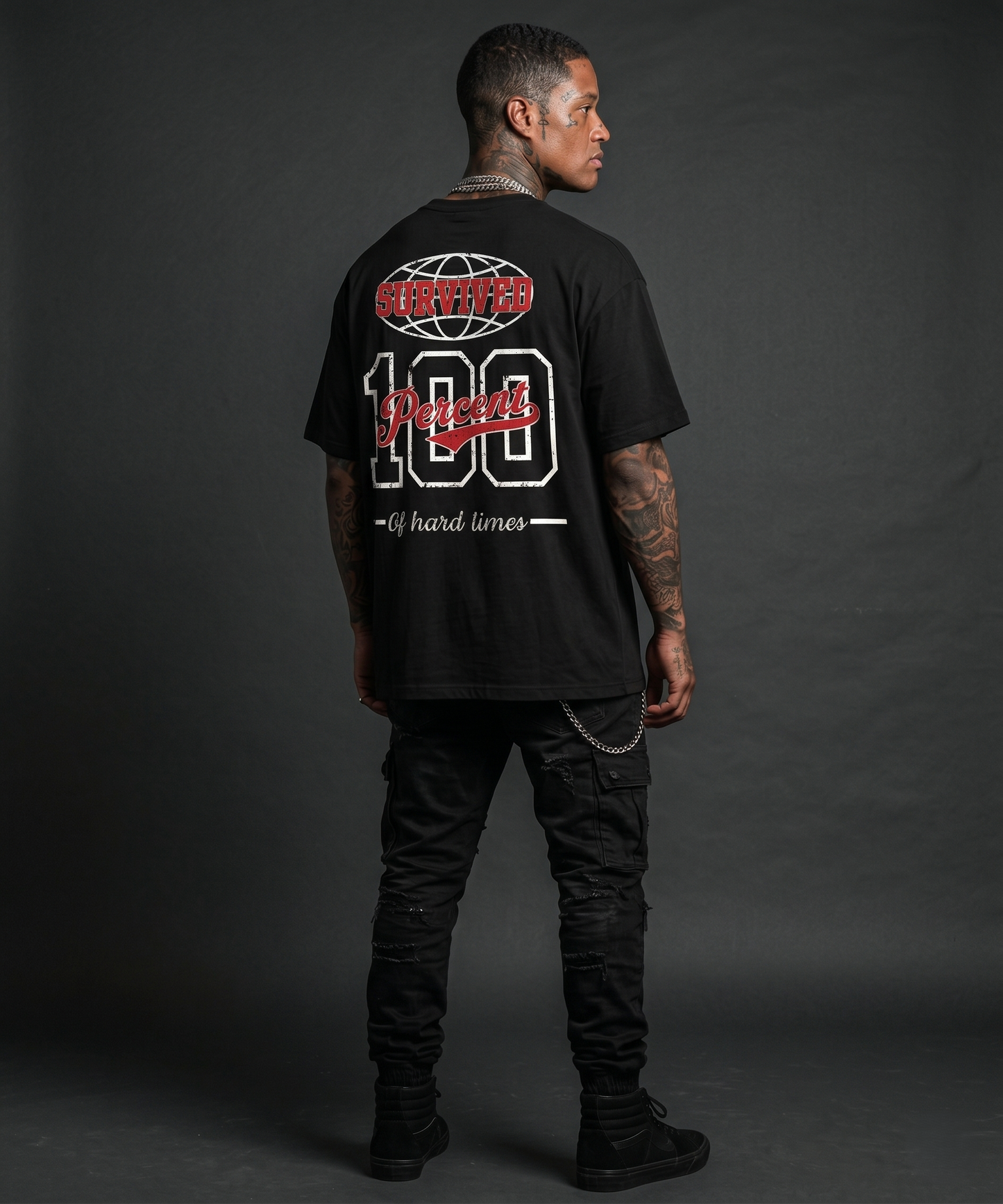 Survived 100% Of Hard Times - Premium Oversized Front + Back Print Drop Shoulder Cotton T-Shirt
