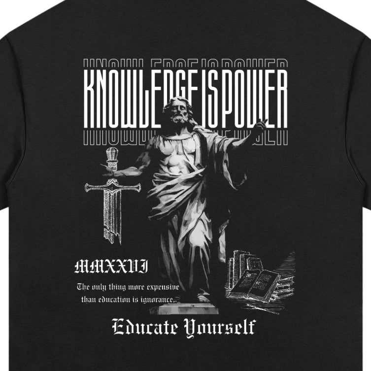 Knowledge Is Power - Premium Oversized Front + Back Print Drop Shoulder Cotton T-Shirt