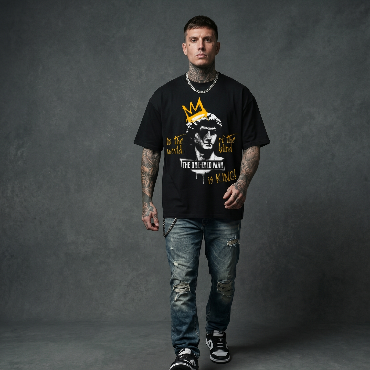 The One-eyed Man Is King - Premium Oversized Front Print Drop Shoulder Cotton T-Shirt