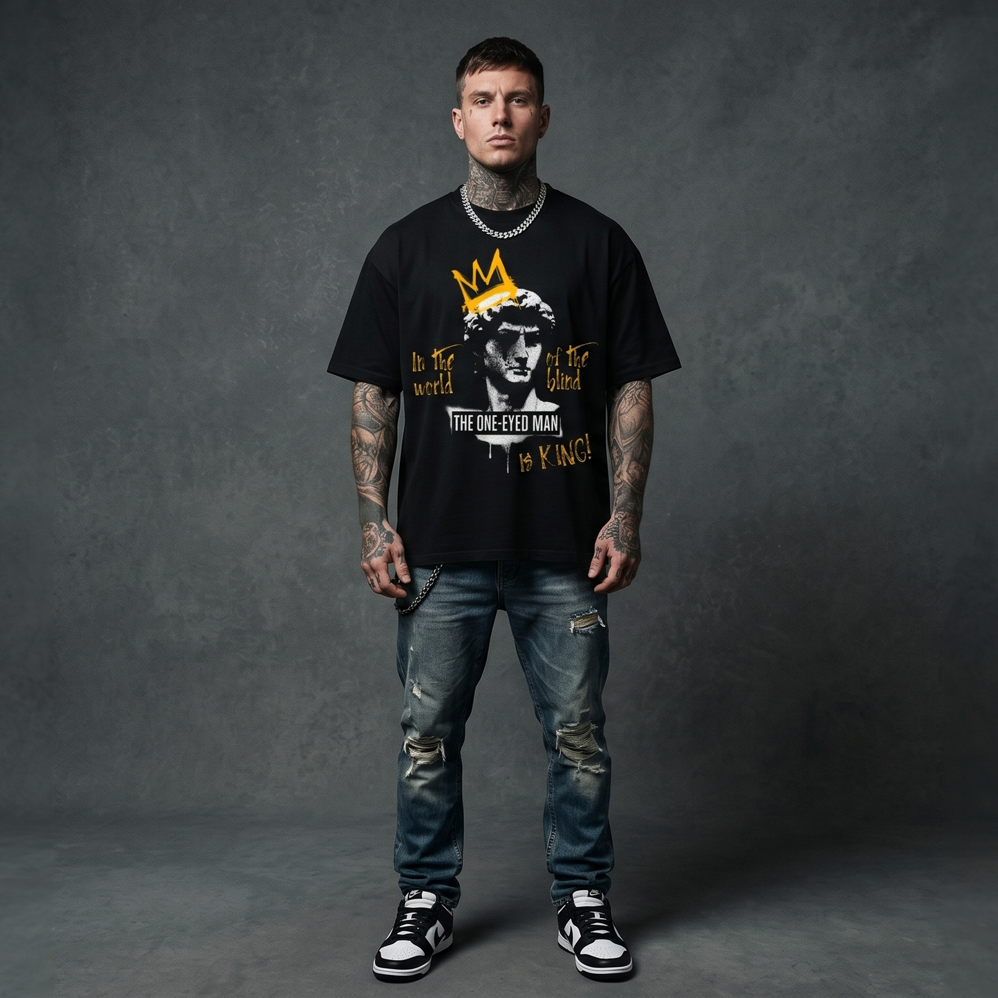 The One-eyed Man Is King - Premium Oversized Front Print Drop Shoulder Cotton T-Shirt