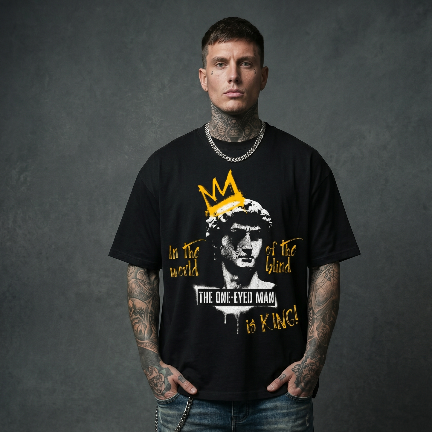 The One-eyed Man Is King - Premium Oversized Front Print Drop Shoulder Cotton T-Shirt
