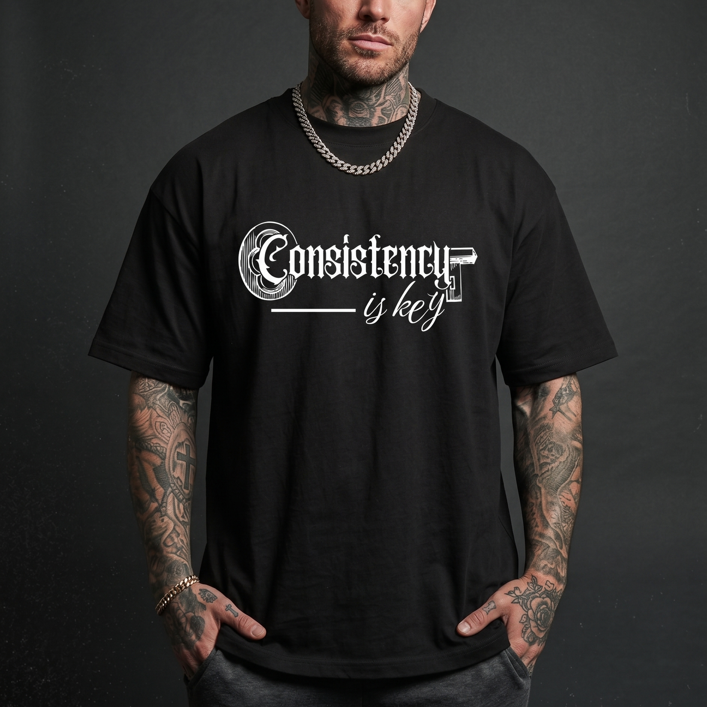 Consistency is key - Premium Oversized Front Print Drop Shoulder Cotton T-Shirt