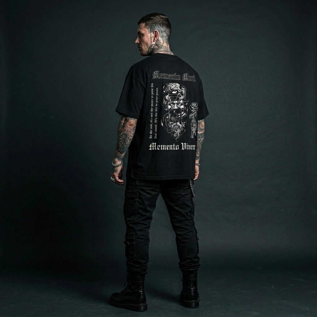 Memento Mori/Vivere - Premium Oversized Front + Back Print Drop Shoulder Cotton T-Shirt
