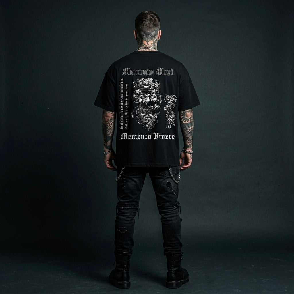 Memento Mori/Vivere - Premium Oversized Front + Back Print Drop Shoulder Cotton T-Shirt