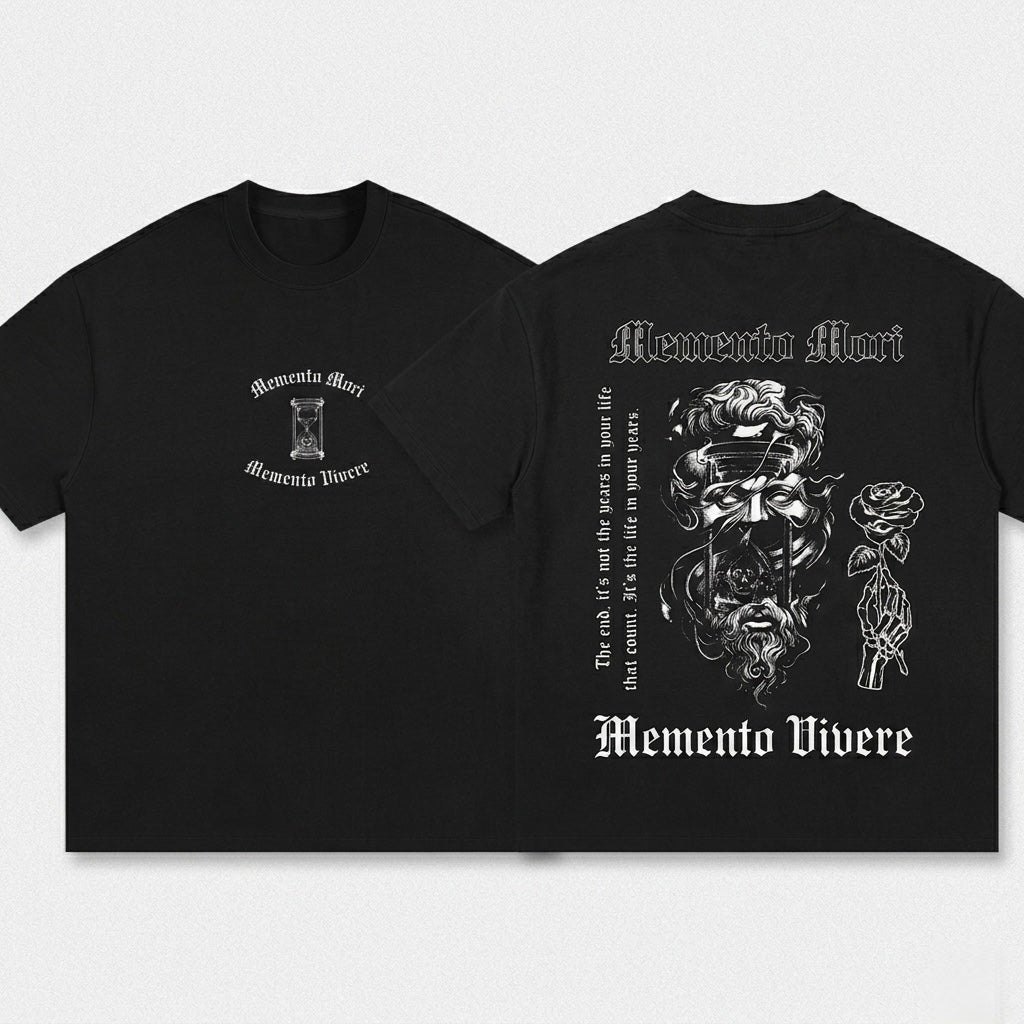 Memento Mori/Vivere - Premium Oversized Front + Back Print Drop Shoulder Cotton T-Shirt
