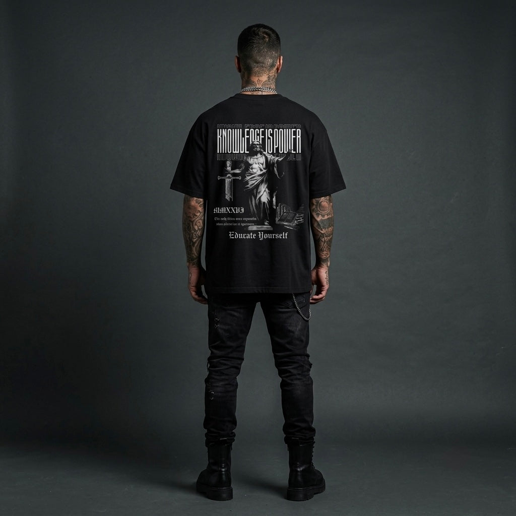 Knowledge Is Power - Premium Oversized Front + Back Print Drop Shoulder Cotton T-Shirt