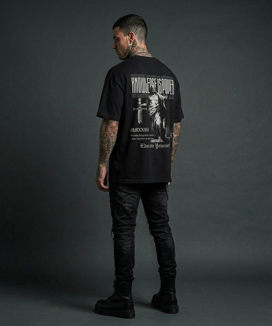 Knowledge Is Power - Premium Oversized Front + Back Print Drop Shoulder Cotton T-Shirt