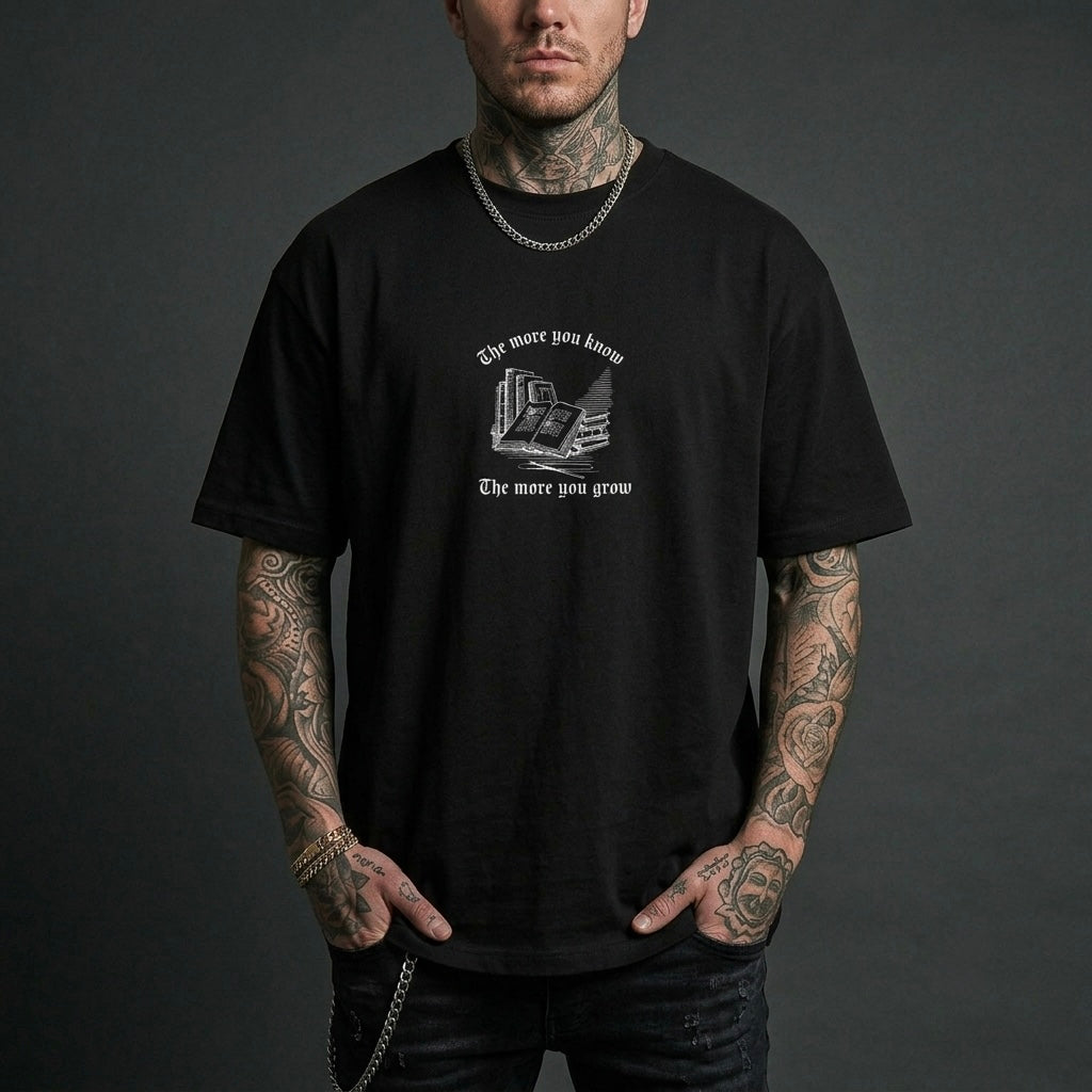 Knowledge Is Power - Premium Oversized Front + Back Print Drop Shoulder Cotton T-Shirt