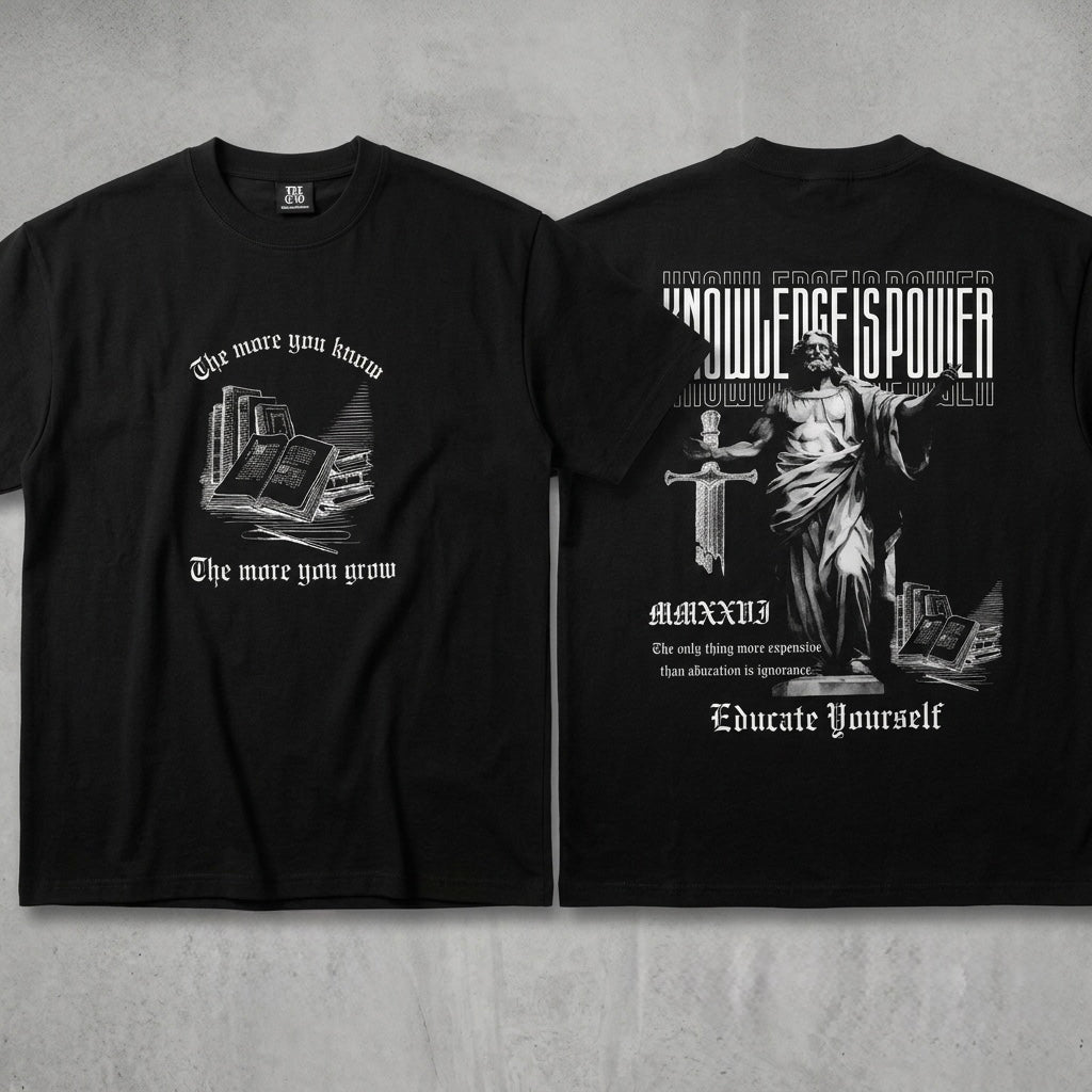 Knowledge Is Power - Premium Oversized Front + Back Print Drop Shoulder Cotton T-Shirt