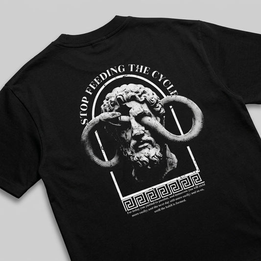 Stop Feeding The Cycle - Premium Oversized Front + Back Print Drop Shoulder Cotton T-Shirt