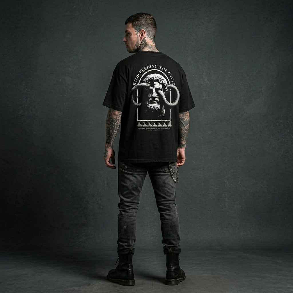 Stop Feeding The Cycle - Premium Oversized Front + Back Print Drop Shoulder Cotton T-Shirt