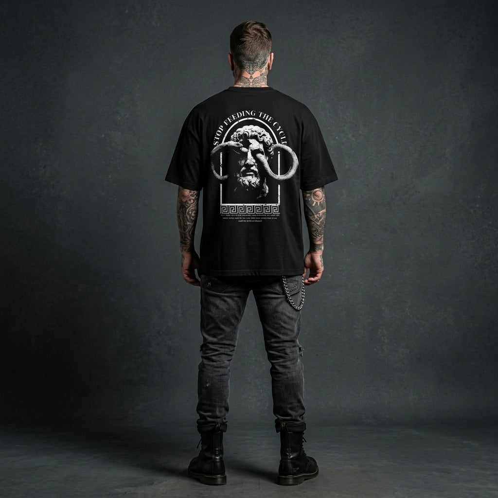 Stop Feeding The Cycle - Premium Oversized Front + Back Print Drop Shoulder Cotton T-Shirt