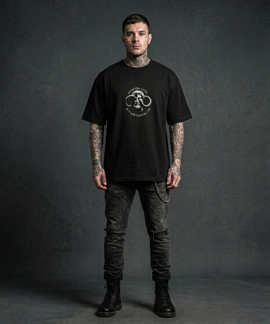 Stop Feeding The Cycle - Premium Oversized Front + Back Print Drop Shoulder Cotton T-Shirt