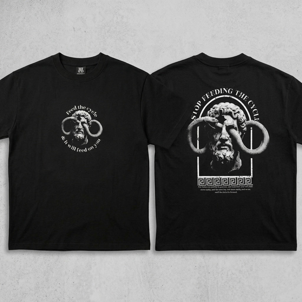 Stop Feeding The Cycle - Premium Oversized Front + Back Print Drop Shoulder Cotton T-Shirt