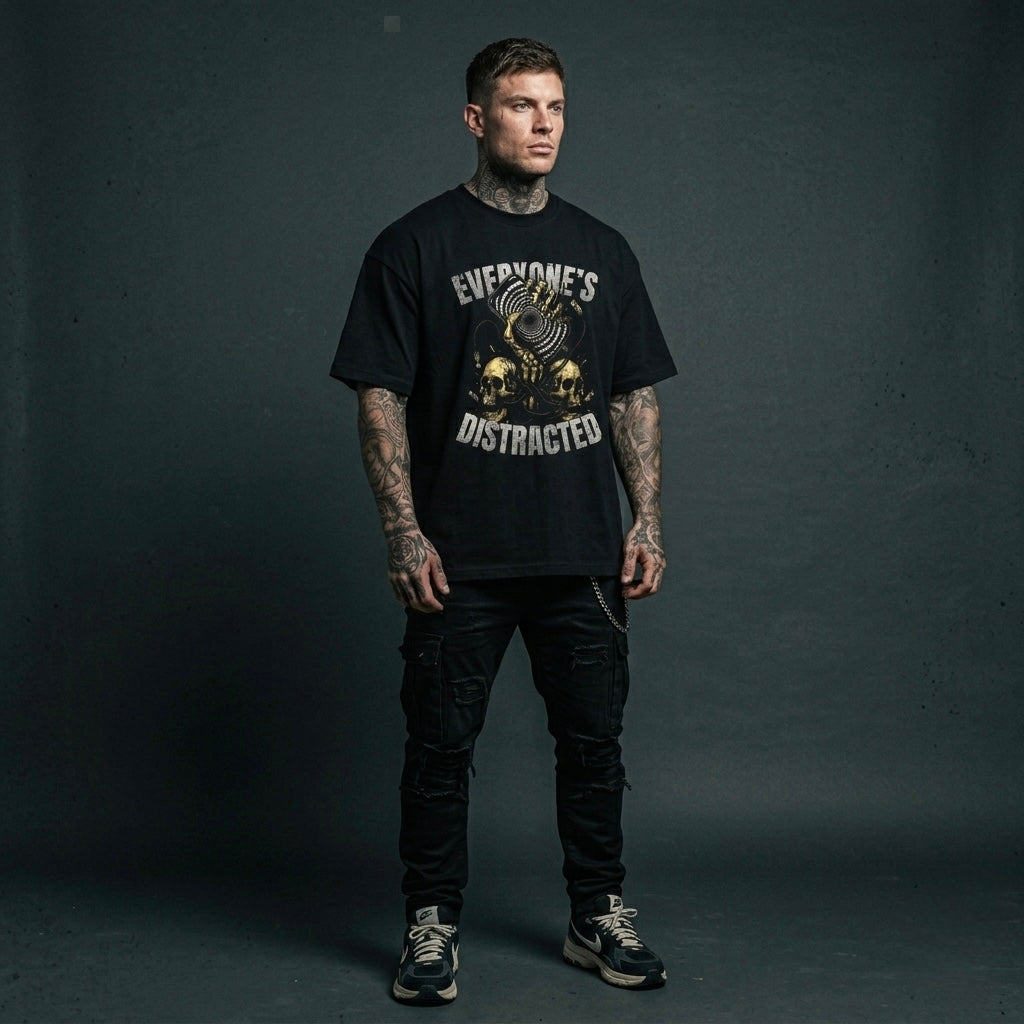 Everyone's Distracted  - Premium Oversized Front Print Drop Shoulder Cotton T-Shirt