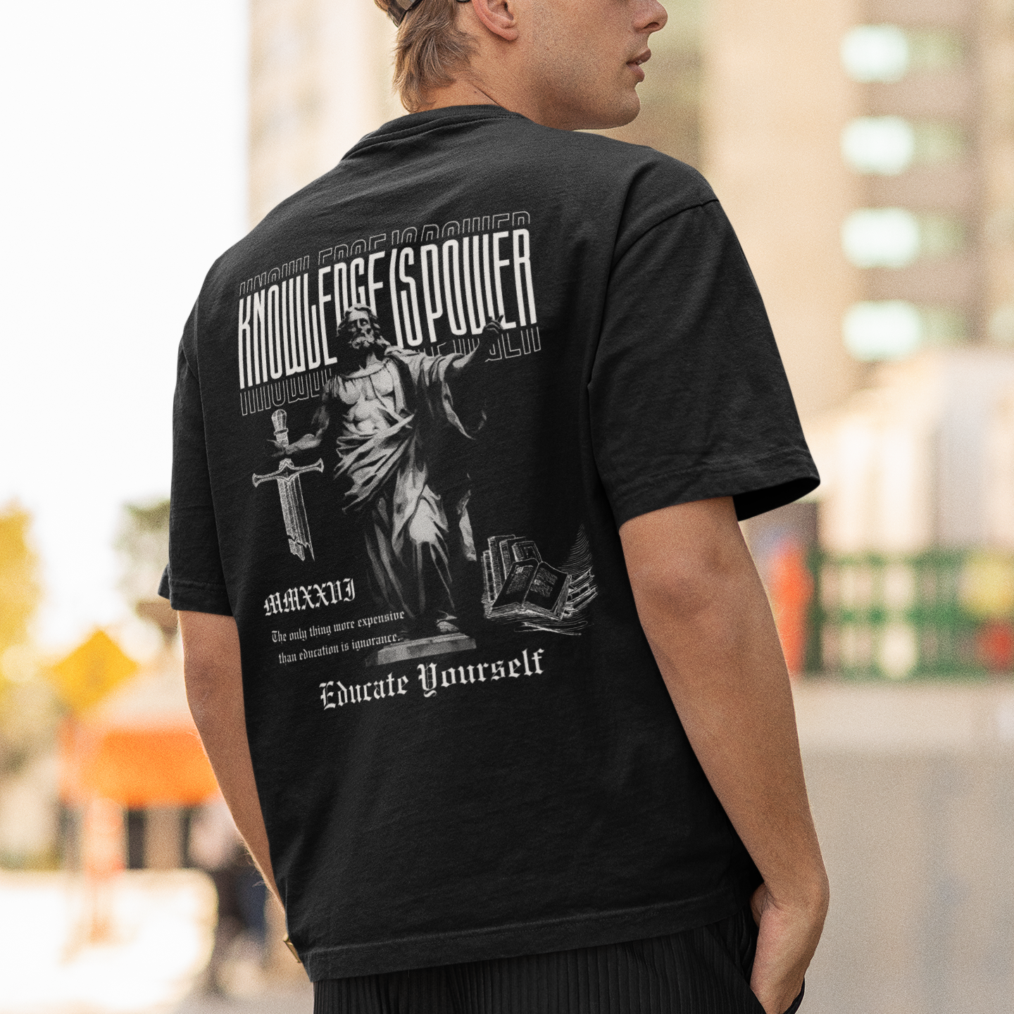 Knowledge Is Power - Premium Oversized Front + Back Print Drop Shoulder Cotton T-Shirt