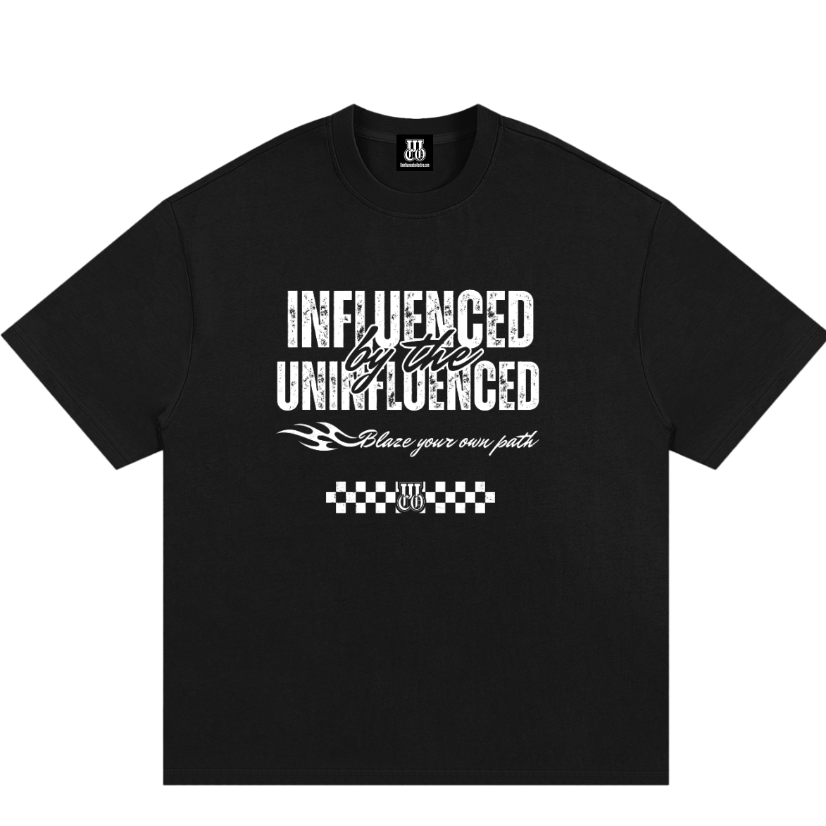 Black t-shirt with white text and graphics on a white background