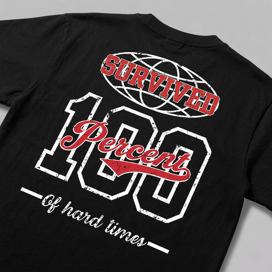 Survived 100% Of Hard Times - Premium Oversized Front + Back Print Drop Shoulder Cotton T-Shirt