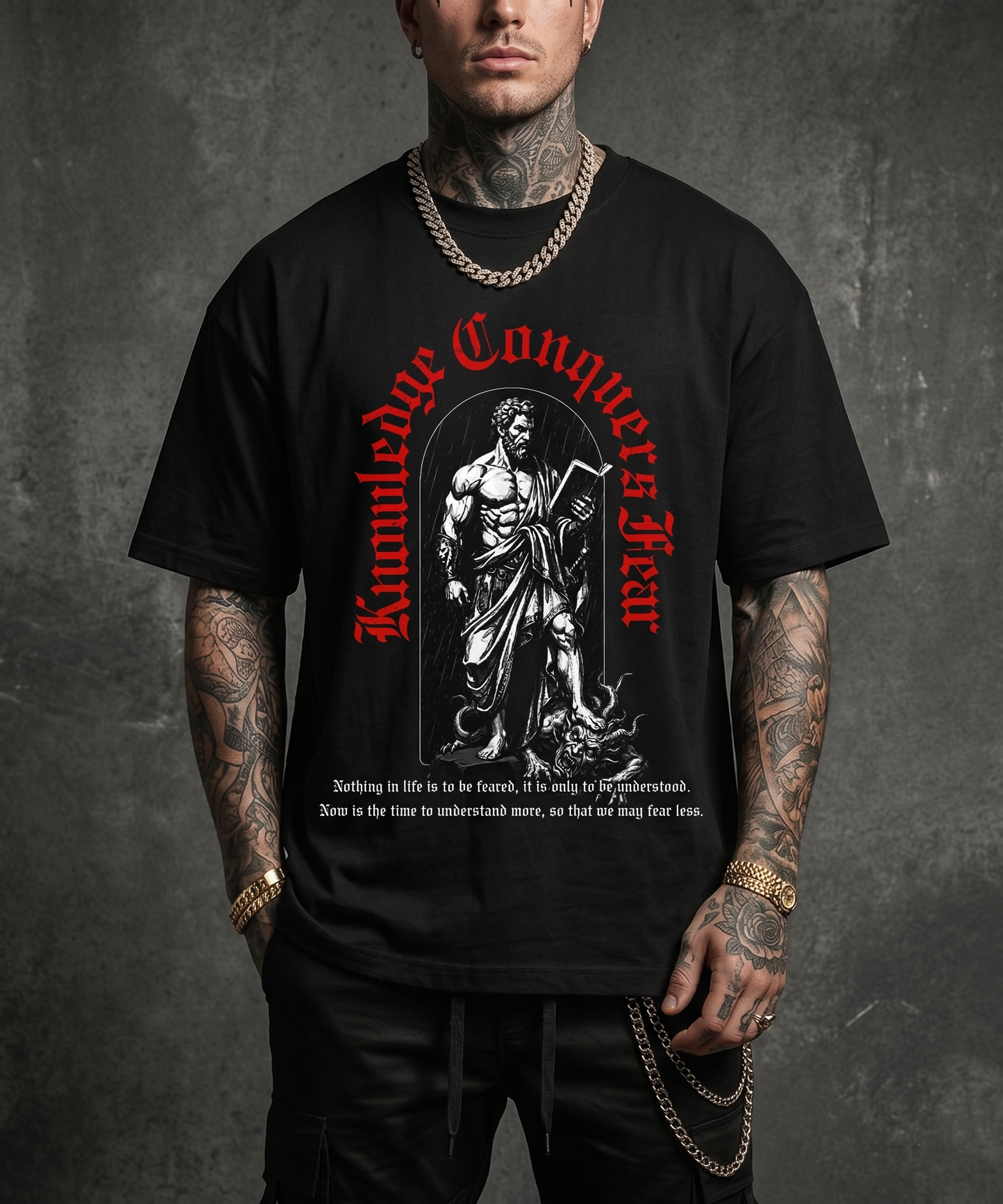 Knowledge Conquers Fear - Premium Oversized Front Print Drop Shoulder Cotton T-Shirt