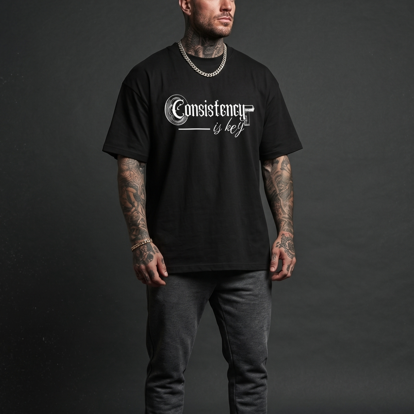 Consistency is key - Premium Oversized Front Print Drop Shoulder Cotton T-Shirt