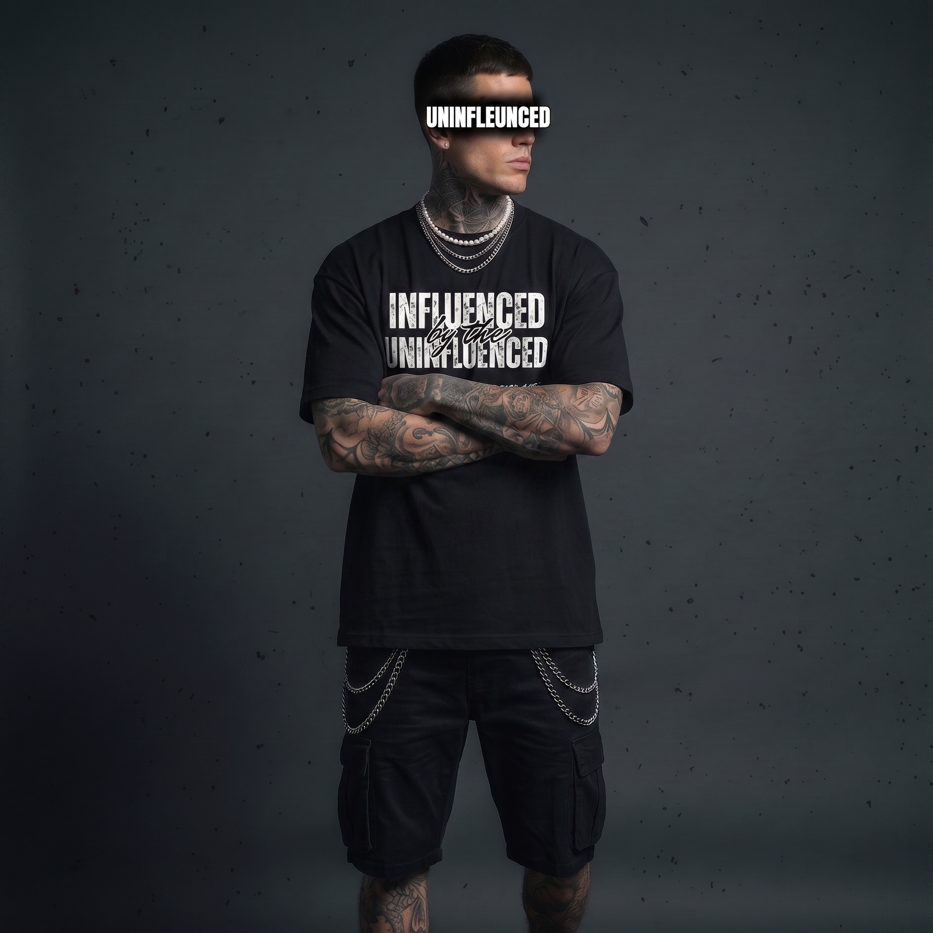 Person wearing a black t-shirt with 'INFLUENCED' text on a dark background
