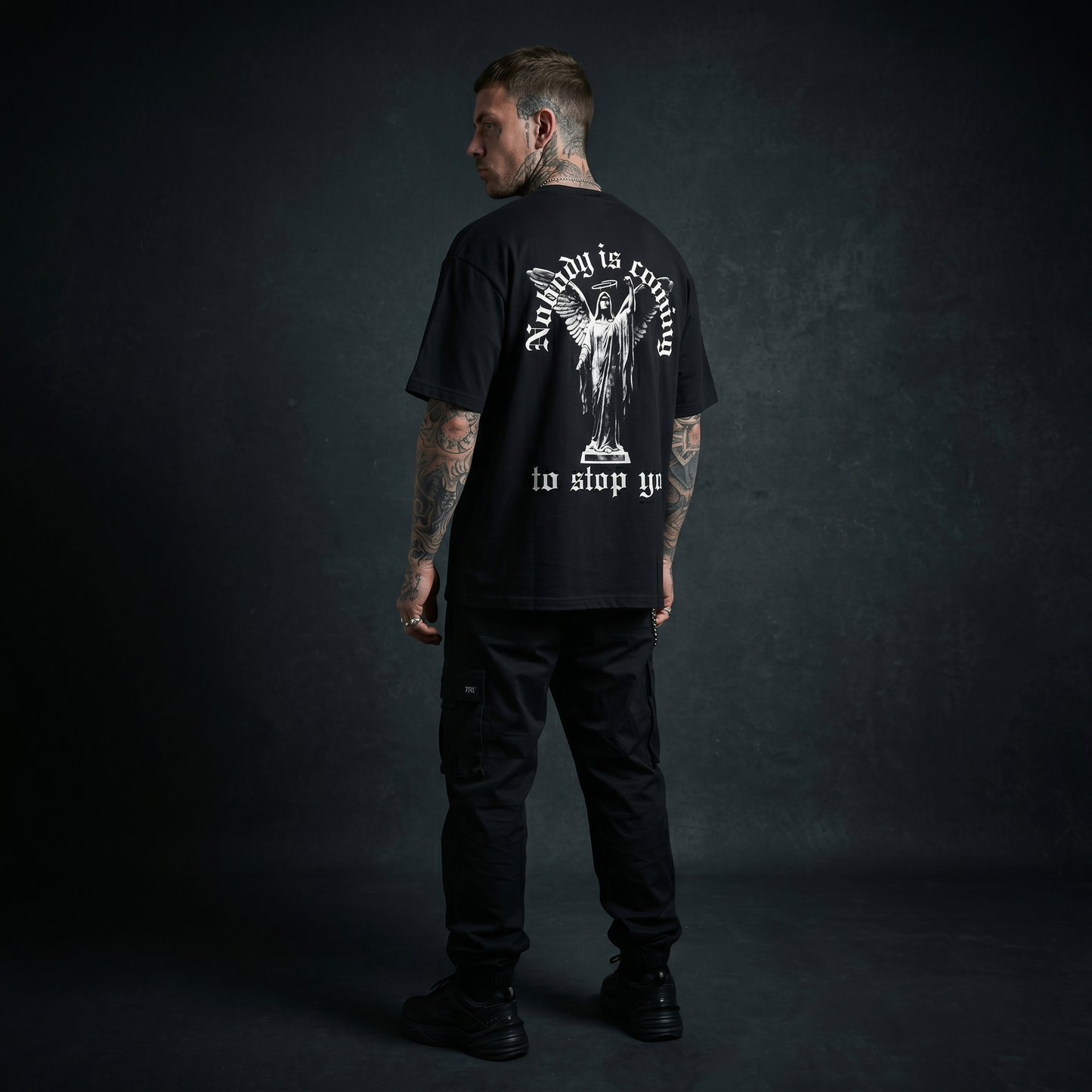 Nobody Is Coming To Stop/Save You - Premium Oversized Front + Back Print Drop Shoulder Cotton T-Shirt
