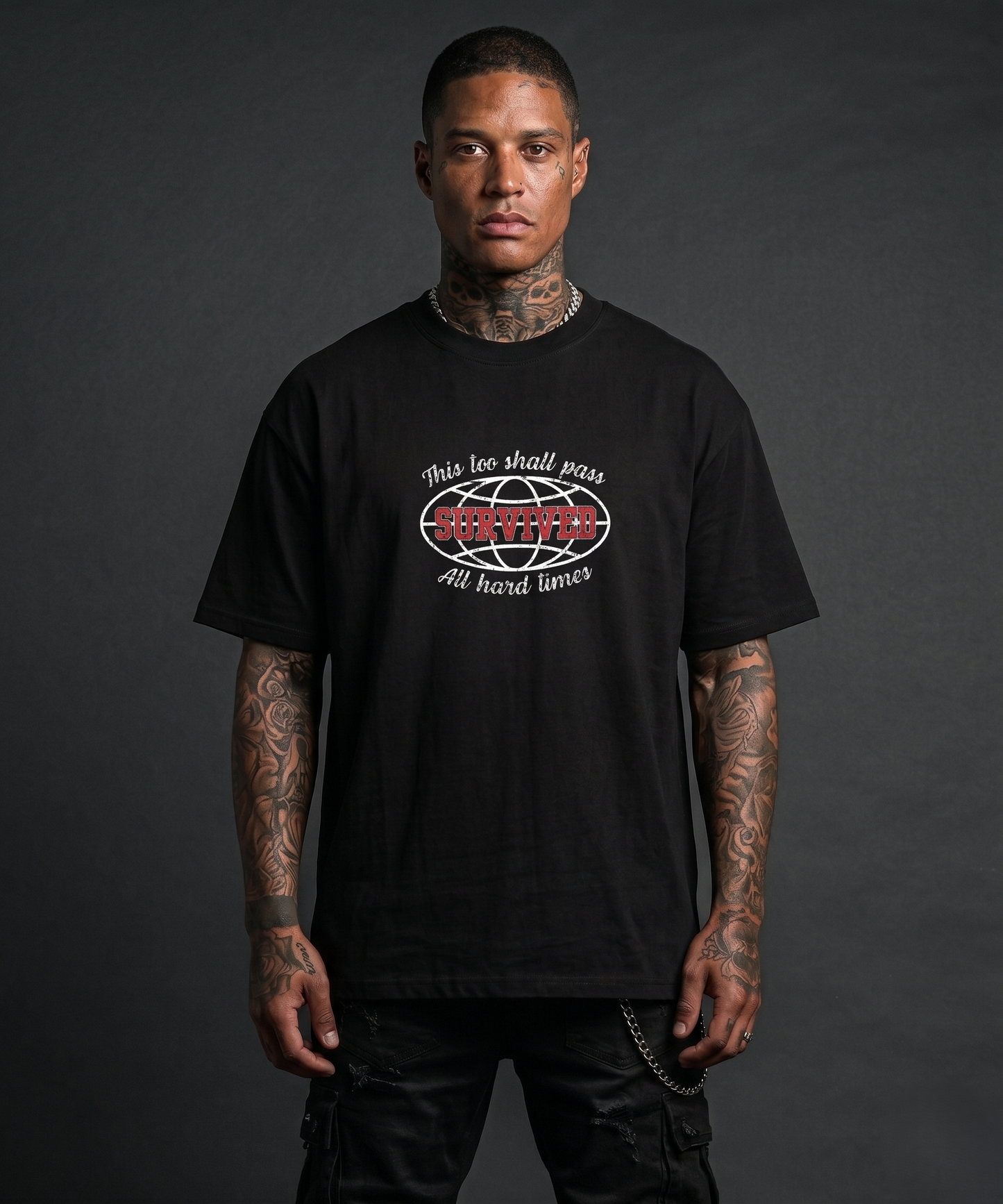 Survived 100% Of Hard Times - Premium Oversized Front + Back Print Drop Shoulder Cotton T-Shirt