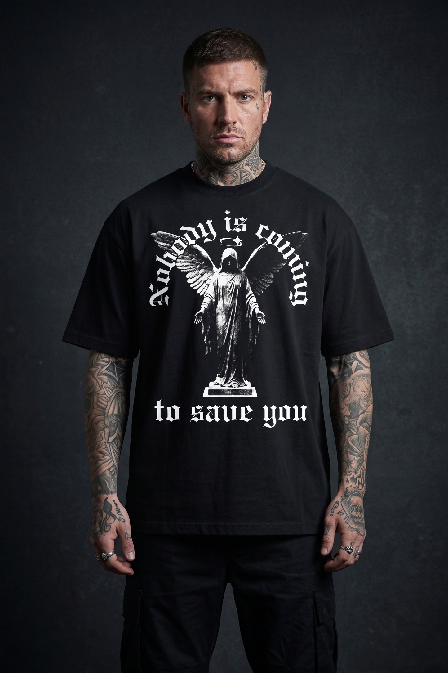 Nobody Is Coming To Stop/Save You - Premium Oversized Front + Back Print Drop Shoulder Cotton T-Shirt