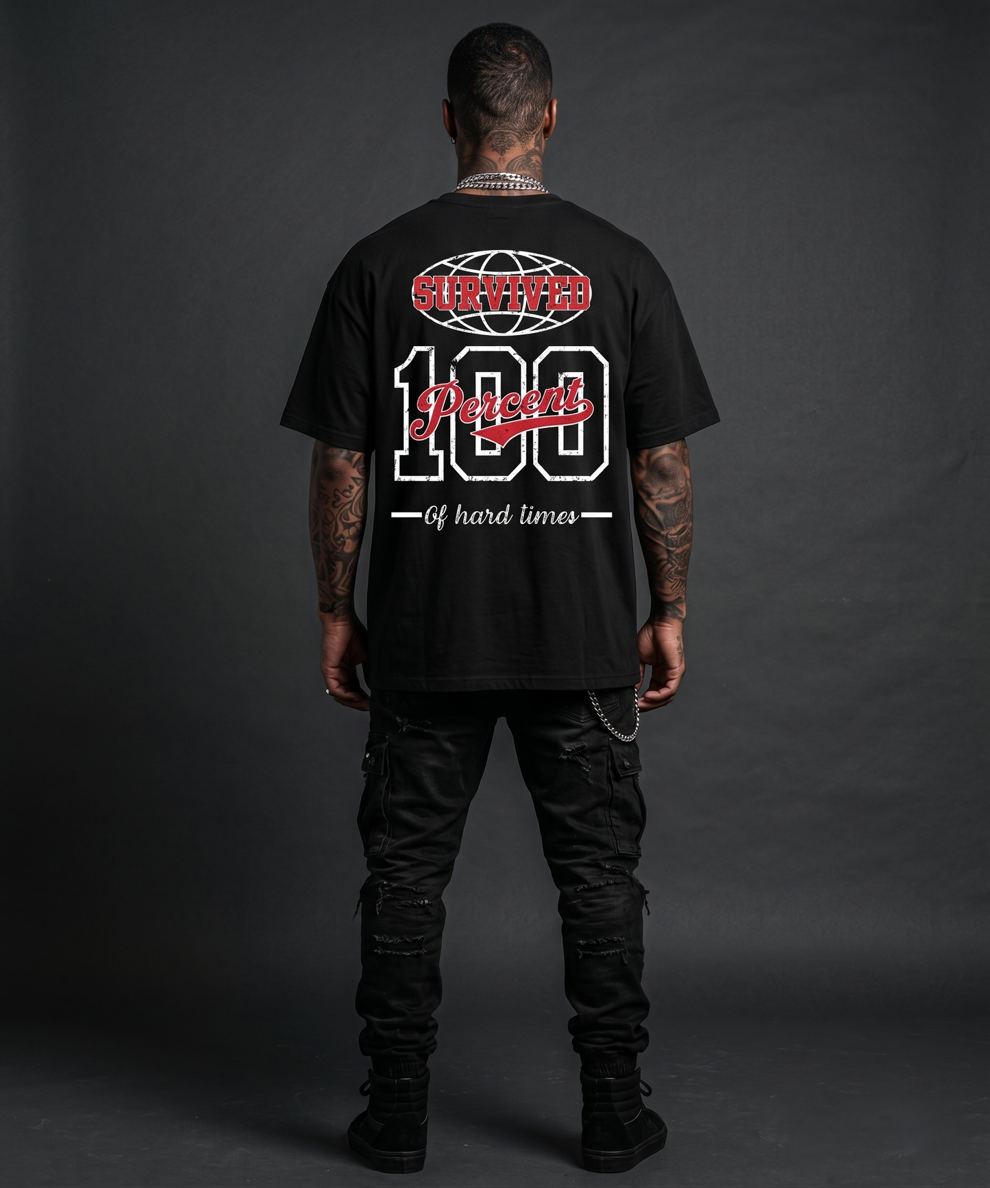 Survived 100% Of Hard Times - Premium Oversized Front + Back Print Drop Shoulder Cotton T-Shirt