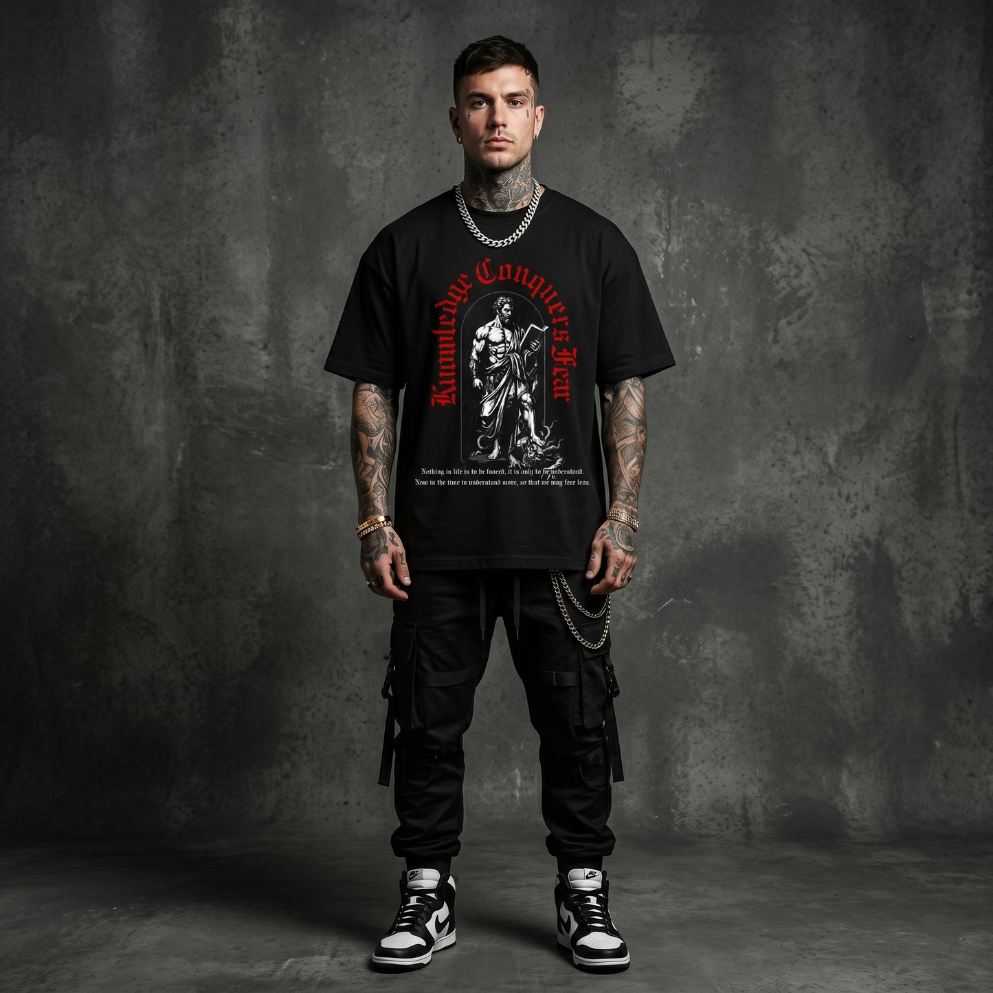 Knowledge Conquers Fear - Premium Oversized Front Print Drop Shoulder Cotton T-Shirt