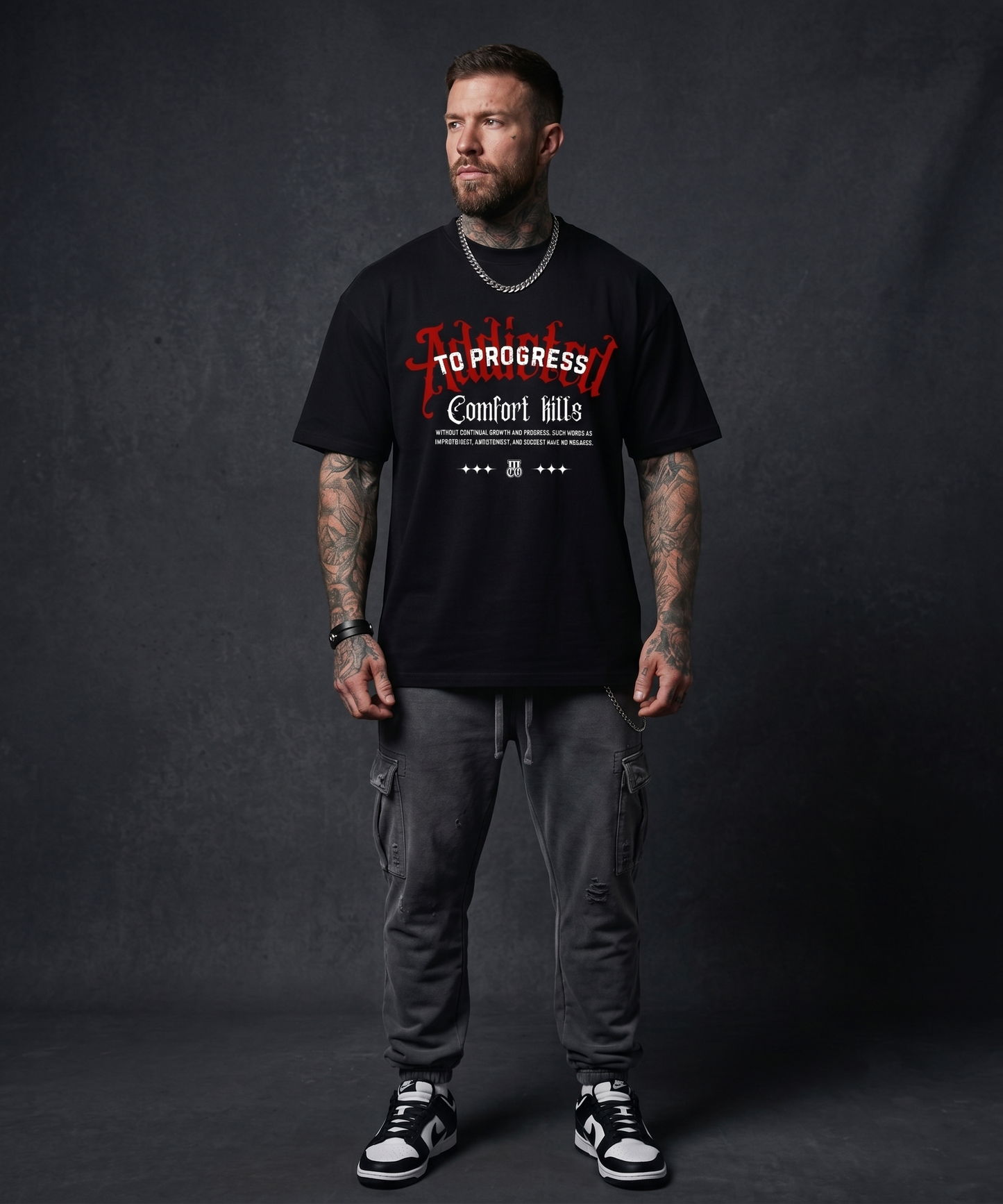 Addicted to progress - Premium Oversized Front Print Drop Shoulder Cotton T-Shirt