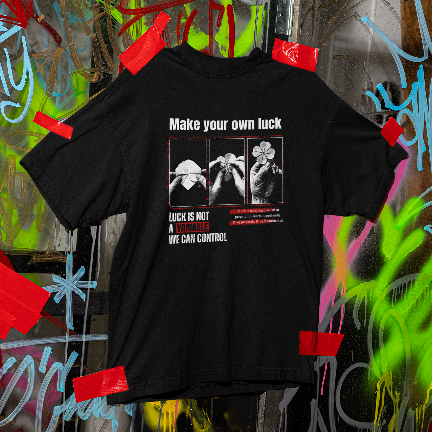 Black t-shirt with graphic design and text on a graffiti-covered wall background