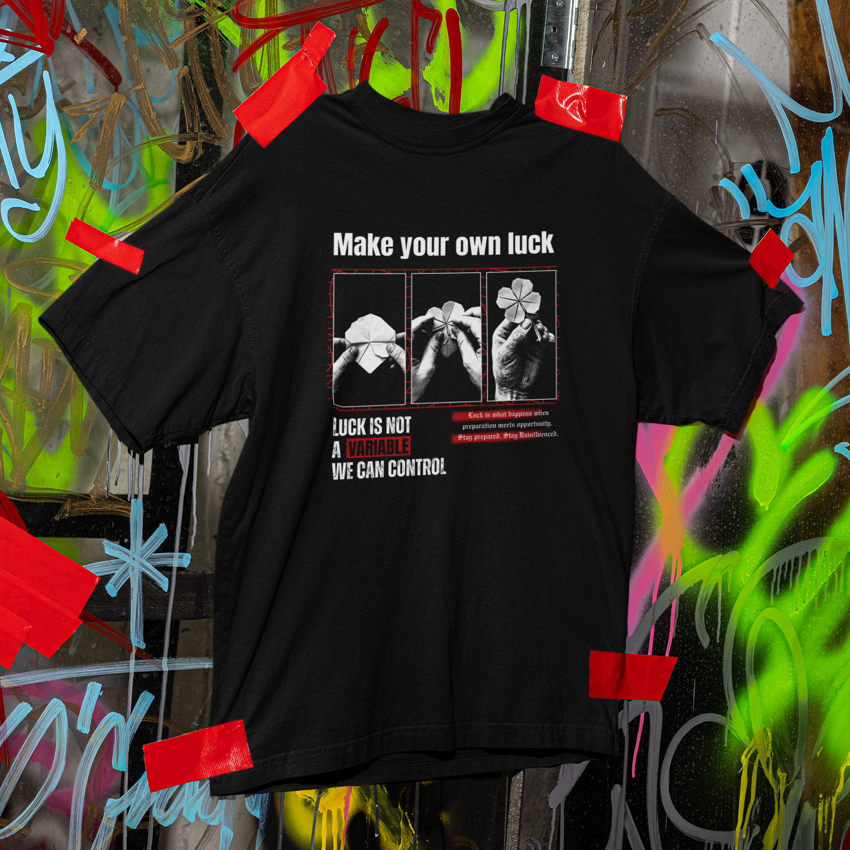 Black t-shirt with graphic design and text on a graffiti-covered wall background