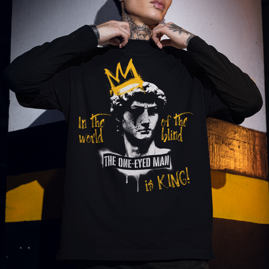 The One-eyed Man Is King - Premium Oversized Front Print Drop Shoulder Cotton T-Shirt