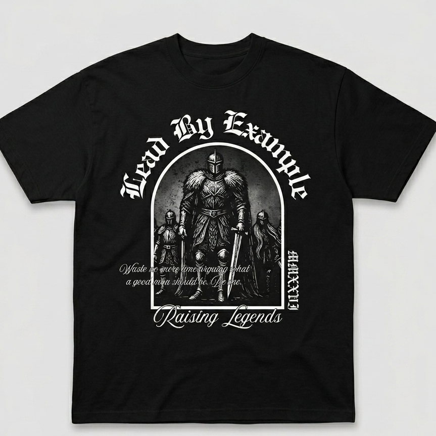 Black t-shirt with graphic design and text on a white background
